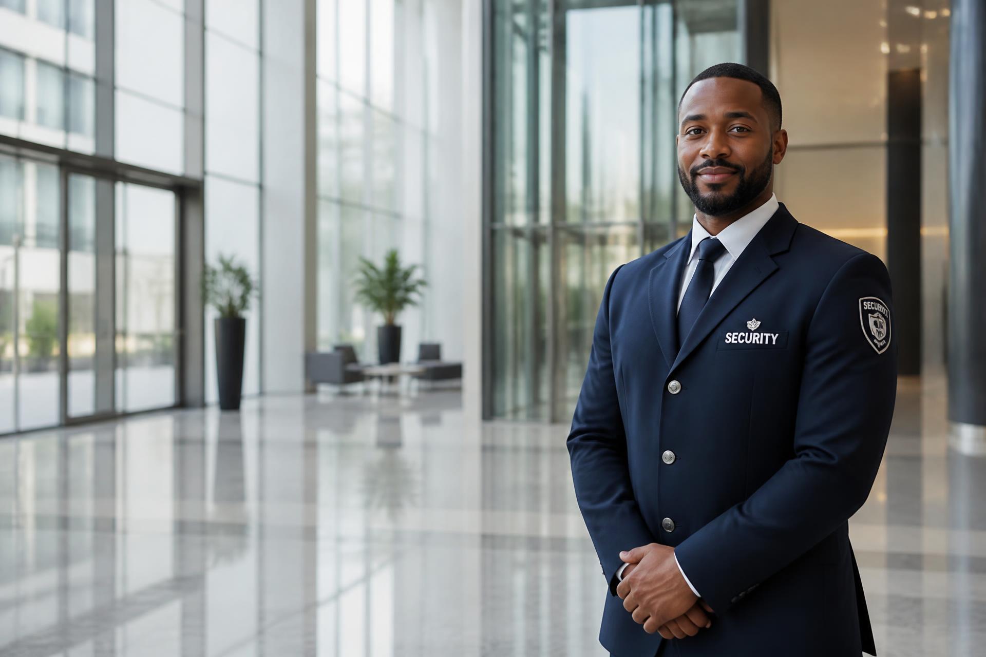 Professional Camsec security officer on duty in a modern corporate lobby